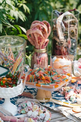 A playful candy station featuring The Vale London’s new Arundel trim collection