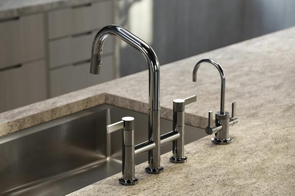 Pardees bridge pull-down faucet and hot and cold water dispenser in Midnight Chrome (30) finish