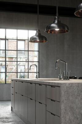 Pardees bridge pull-down faucet, hot and cold water dispenser, and prep/bar faucet in Midnight Chrome