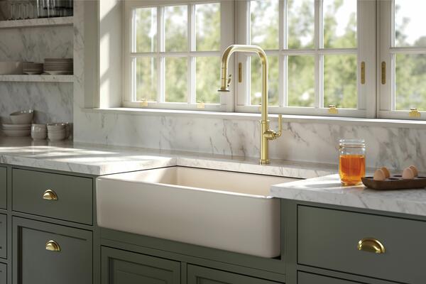 Taft Extended Reach pull-down kitchen faucet in Forever Brass PVD (01) finish