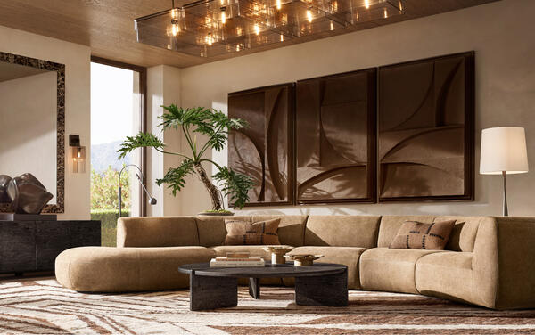 Pietrasanta sectional in Tan Italian Varenna suede shown with the Nomos collection and Remy chandelier