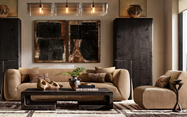 Pietrasanta sofa and chair in Tan Italian Varenna suede shown with the Monteiro coffee table