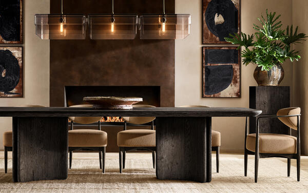 Serrano dining table with Arno Luxe dining chairs in Camel performance linen weave and Remy chandelier