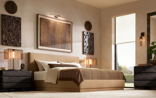 Mulholland upholstered bed in Camel performance linen weave shown with the Nomos bedroom collection