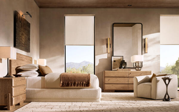 Nomos bedroom collection shown with the Evan chair in Dove Italian Veneto leather