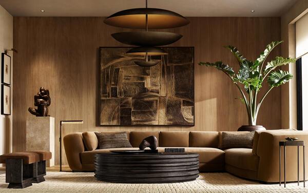 Montaigne sectional shown with the Latitude coffee table and Fernanda chair in Cocoa Valencia suede