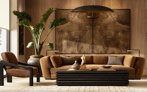 Montaigne sofa in Burnt Caramel performance velvet shown with the Latitude coffee table