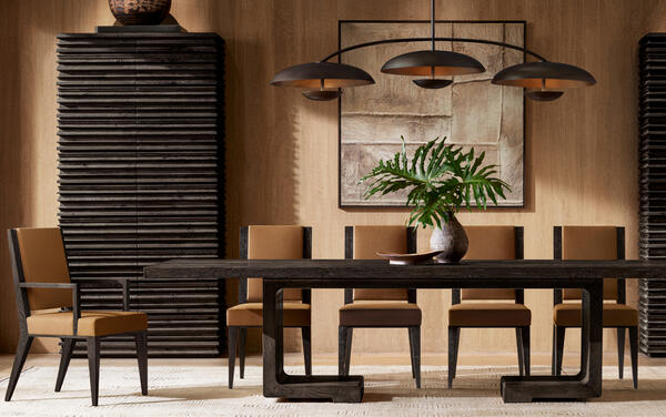 Monteiro dining table shown with Largo dining chairs in Burnt and Latitude cabinets