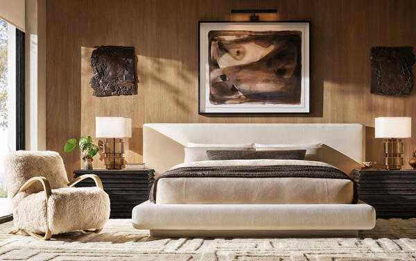 Mulholland upholstered bed in natural performance linen weave with the Latitude bedroom collection