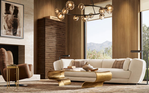 Montaigne sofa in Crema performance lustrous chenille shown with the Vao coffee table