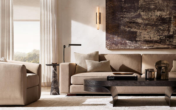 Maddox sofa in Latte performance linen weave shown with the Elodi coffee table