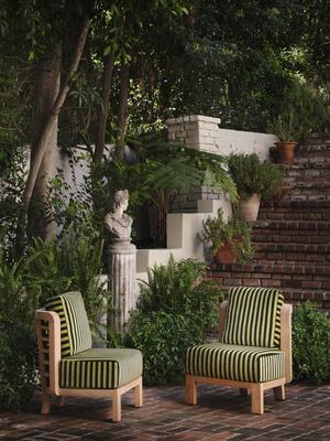 Trellis slipper chairs in Club Stripe make a bold statement in Fearless Green