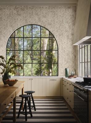 Paired with Film Stripe flatwoven, Mineralized in Gold Dust warms the kitchen