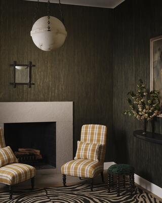 Highland Fulk in Golden pops against Grain Illusion wallcovering in Fearless Green