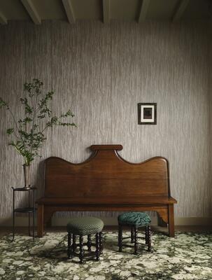 Grain Illusion wallcovering pairs metallic wood grain with Mineralized Tibetan Knot in Fern