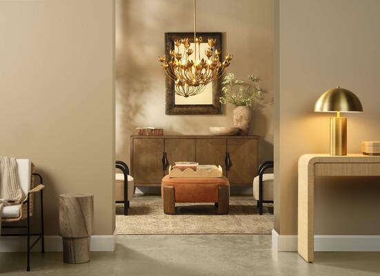Dogwood Chandelier, Landmark Credenza, Tarte Ottoman, Empire Mirror