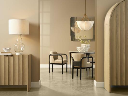 Poised Table Lamp, Finley Fluted Cabinet, Aire Chandelier, Tether Dining Chair