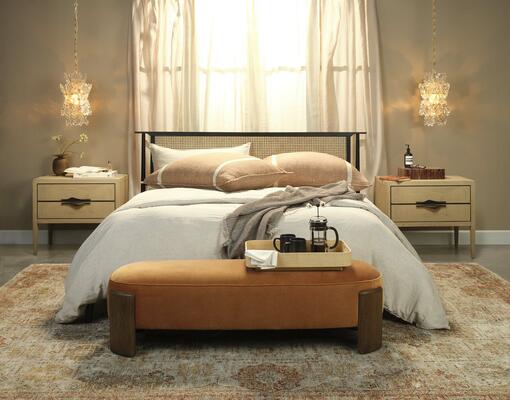 Orion Pendant, Landmark Two Drawer Nightstand, Éclair Bench