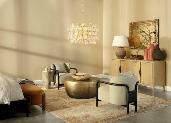 Cinder Table Lamp,Orion Chandelier, Landmark Credenza,Tether Lounge Chair