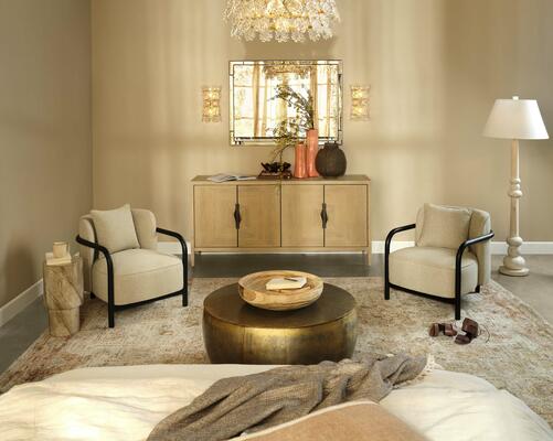 Orion Wall Sconce, Tether Lounge Chair, Landmark Four Door Credenza