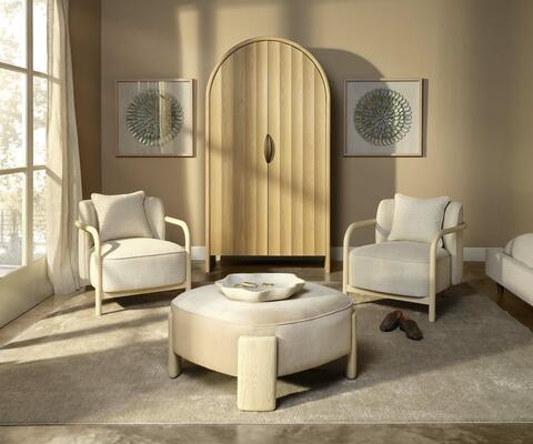 Finley Fluted Arched Cabinet, Tether Lounge Chair, Tarte Ottoman, Clearwater Wall Art 