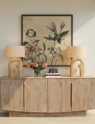Hartland sideboard, Les Fleurs 1 canvas art, Sage table lamp
