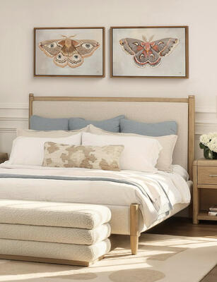 Nexis bed, Tricia nightstand, Aura storage bench, Forest Moth I & II canvas art