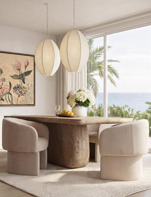 Nexus dining table, Ynes dining chair, Veloria pendant light