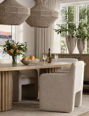 Henley dining table, Pippy dining chair, Estrada sideboard, Celestra pendant light