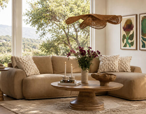 Castillo chaise sectional, Meylin coffee table, Nube pendant light