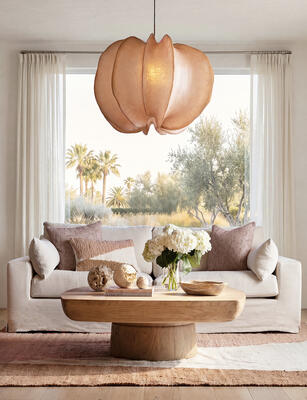 Sylvie sofa, Darin coffee table, Kelwin pendant light, Tavara rug