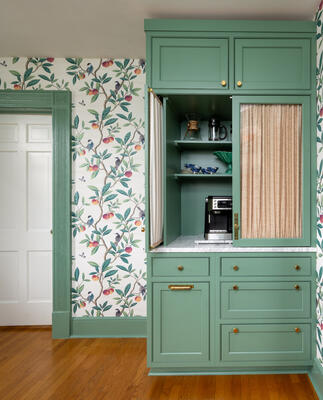 Coffee corner with Marie cabinetry in Jade colorway