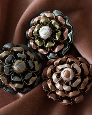 Katerina rosette in Coral Bouquet, Verdigris and Siena Blush