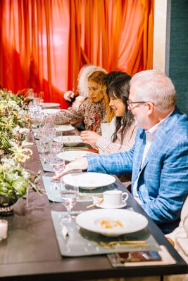 Guests were treated to a sneak peek of Arte’s redesigned showroom during lunch; from front: Jim Scheurer, Edel Legaspi, Emma DeRoche, Carole Carr, Tracy Metro and Steven Reed Love 