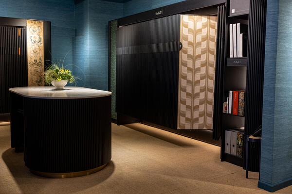 Arte’s showroom features dramatic tones and tactile textures—two distinctive signatures of the company’s designs