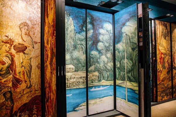Wallcoverings are displayed to full effect on an innovative wing system