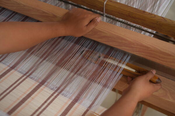 Lido Stripe handwoven windowcovering on the loom
