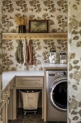 Marlowe wallpaper featured in an elegantly styled laundry room