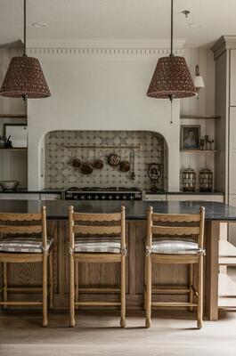 Declan counter stools in the new honey oak finish and paired with Diane pendants